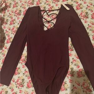 VICTORIA'S SECRET PINK BURGUNDY BODYSUIT LACE UP size Small